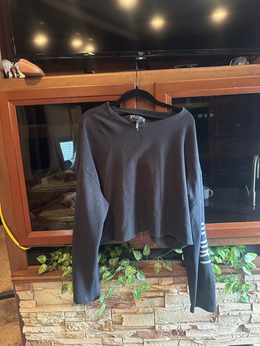 Victoria's Secret Black Cropped Long-Sleeve Top with Sleeve Stripes